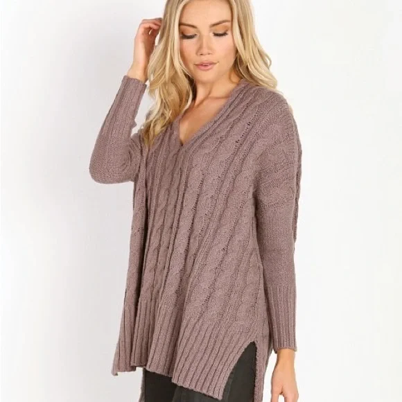 Free People easy cable knit sweater in mushroom - Picture 3 of 5